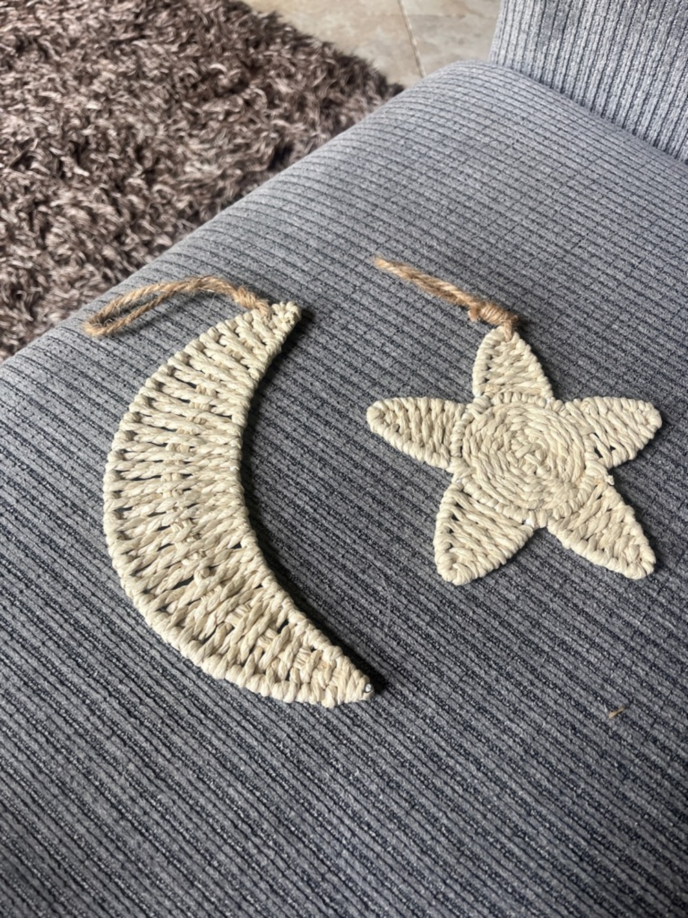 Hand Crafted Cream Woven Moon and Star Ornaments